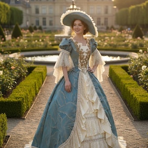 blue and white medieval dress Medieval dress with trumpet sleeves blue-natural