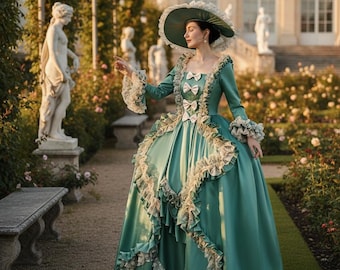 May include: A teal-colored, long-sleeved gown with a wide skirt, adorned with cream-colored lace and bows. The dress features ruffled accents and is paired with a matching hat. The setting is an outdoor garden with statues and a large building in the background.