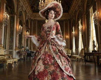 Könnte beinhalten: Eine Frau in einem Ballkleid mit Blumenmuster und passendem Hut steht in einer großen Halle. Das Kleid hat ein rotes, goldenes und cremefarbenes Blumenmuster mit Spitzenbesatz. Der Raum ist mit Kronleuchtern und goldenen Akzenten verziert.