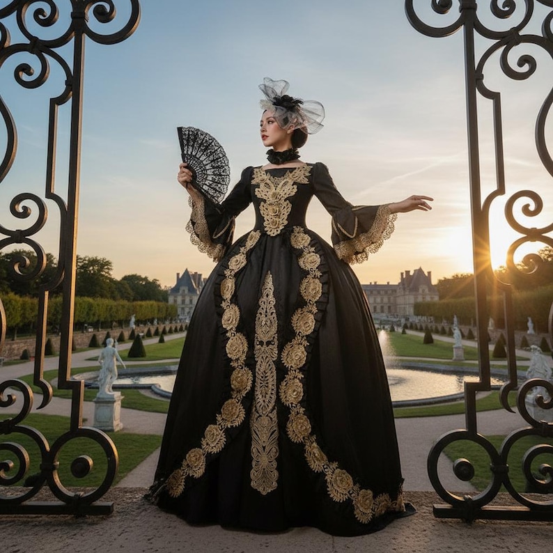 Ballroom Robe Medieval Black Gold Rococo Ball Gown Medieval Queen Dress Victorian Gothic ...