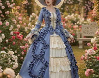 Könnte beinhalten: Ein blaues und cremefarbenes historisches Kleid mit passendem Hut. Das Kleid hat Rüschen, eine Schleife in der Taille und Spitzendetails. Der Hintergrund ist ein Garten mit rosa Rosen und einer weißen Bank.