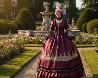 Könnte beinhalten: Eine Frau in einem bordeauxfarbenen Ballkleid mit goldfarbenen Spitzenbesätzen und Glockenärmeln steht in einem Garten. Das Kleid hat einen quadratischen Ausschnitt und einen gerüschten Rock. Sie trägt einen passenden Choker und einen Federkopfschmuck. Ein Brunnen und ein großes Gebäude sind im Hintergrund.