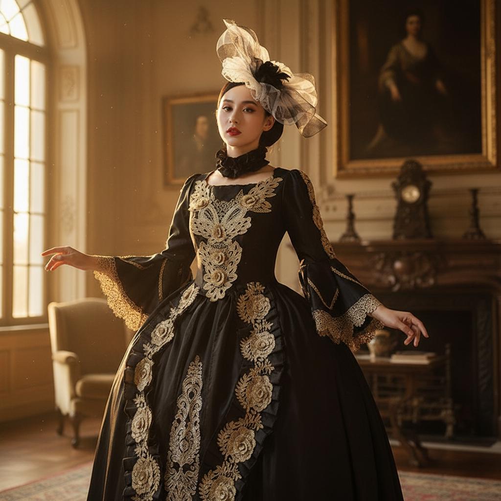 Ballroom Robe Medieval Black Gold Rococo Ball Gown Medieval Queen Dress Victorian Gothic ...