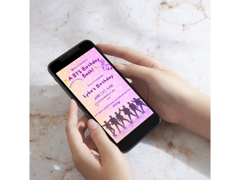 K-pop BTS Birthday Invitation Template, Purple Pop Star Party Invite ...