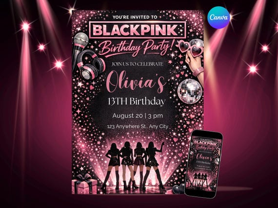 Blackpink Birthday Invitation Template, Kpop Birthday Invite, Pink Black Glitter Birthday, Canva Template, printable & digital download