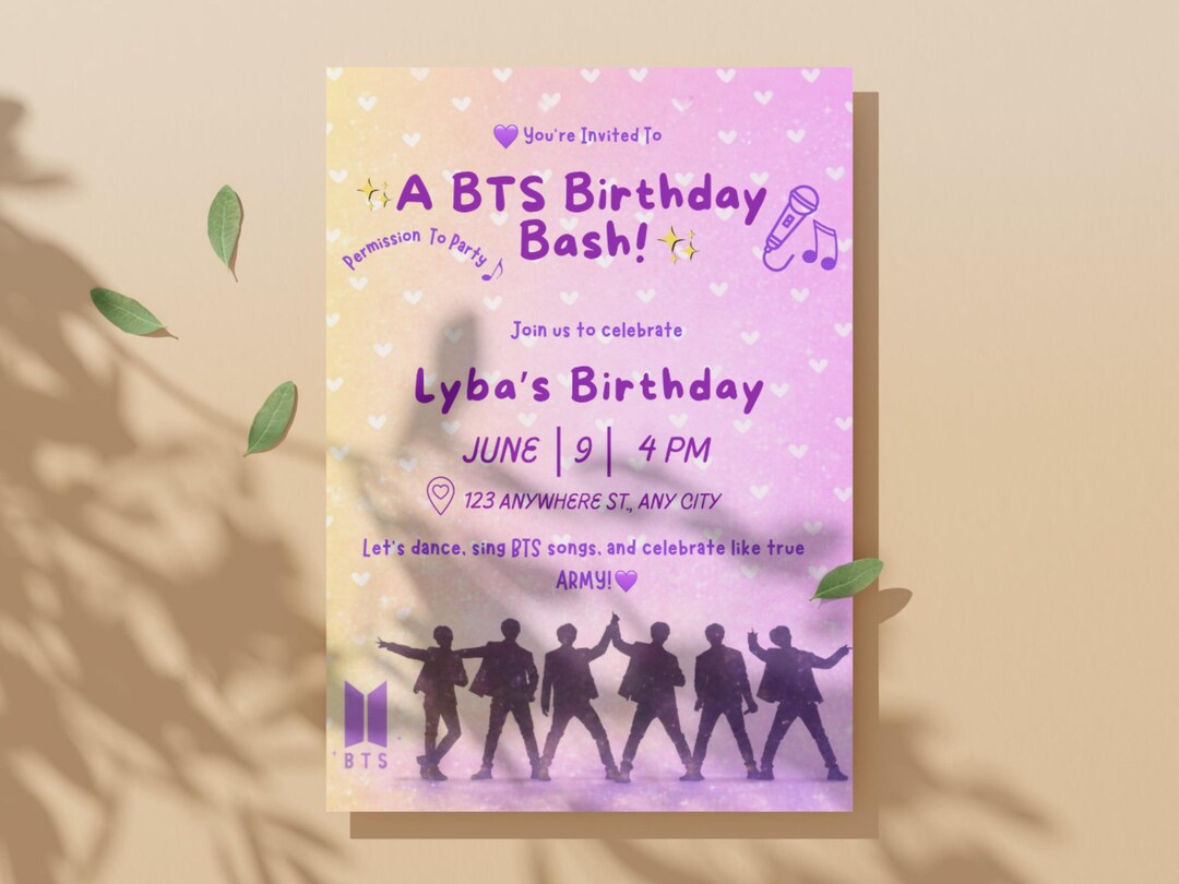 K-pop BTS Birthday Invitation Template, Purple Pop Star Party Invite ...