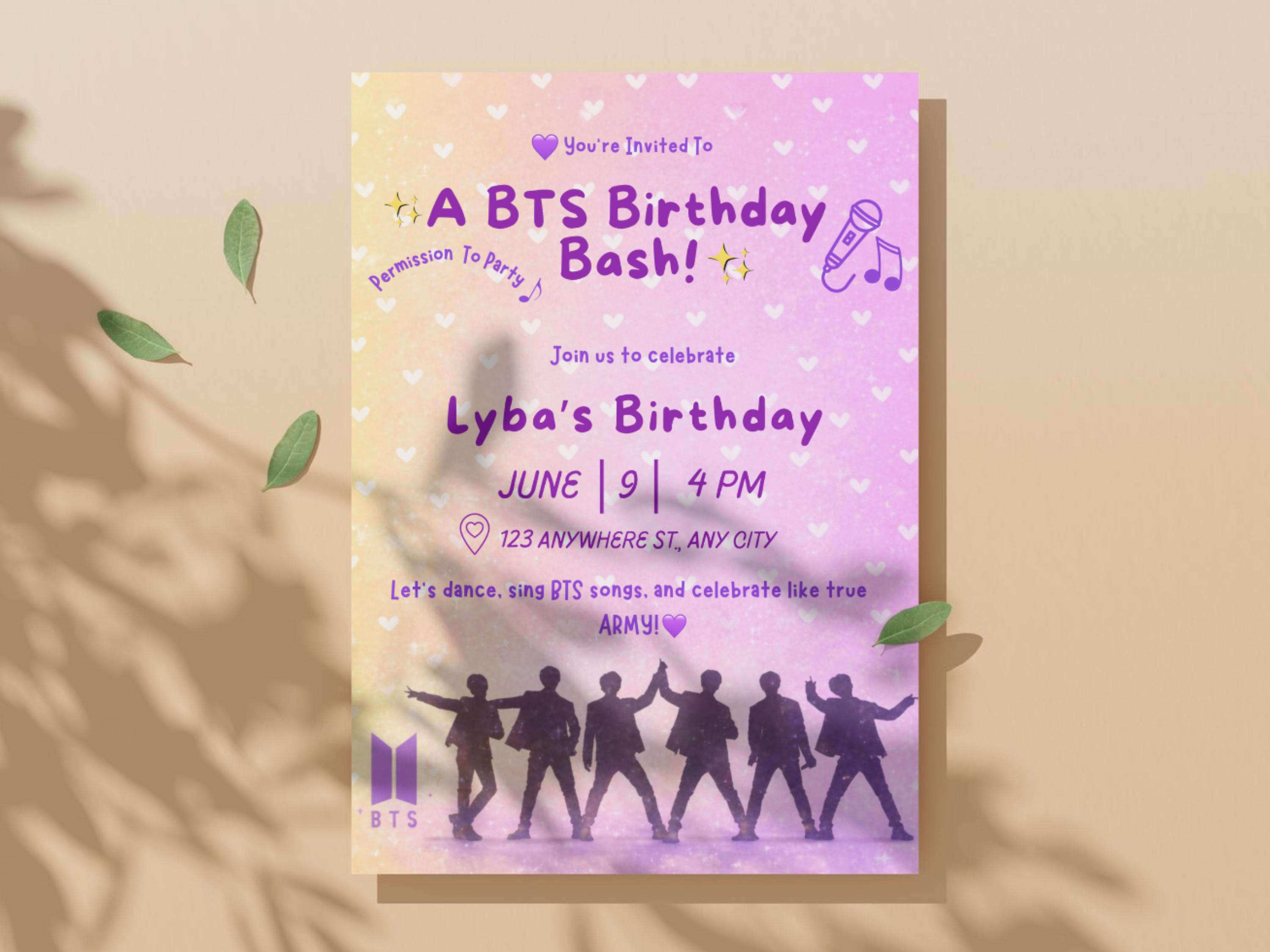 K-pop BTS Birthday Invitation Template, Purple Pop Star Party Invite ...
