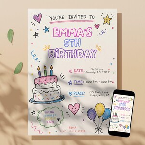 May include: A hand-drawn birthday invitation with the text "Emma's 5th Birthday." The invitation includes a cake illustration, balloons, and event details. A smartphone displays the same invitation.