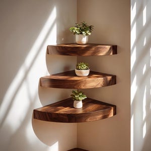 Pode incluir: Três prateleiras de canto de madeira escura, cada uma com uma pequena planta em vaso. As prateleiras triangulares são montadas em uma parede clara. A luz solar projeta sombras, destacando os veios da madeira e as plantas.