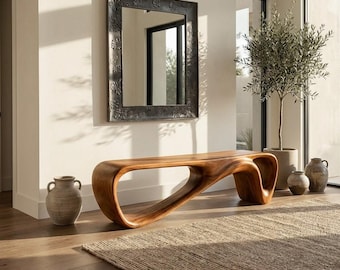 Curved Natural Wood Bench For Minimalist Living Room Decor