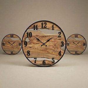 Reloj de pared grande de madera de olivo - Reloj silencioso hecho a mano con marco de metal negro