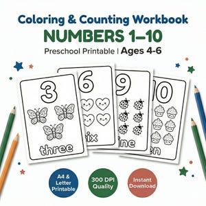 Målarbok och räkningsövningar med siffror 1-10 för barn i åldrarna 4-6, utskrivbar matematikaktivitetsbok i PDF-format för tidig inlärning och hemundervisning.