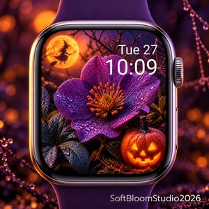 Peut inclure: Une montre connectée violette avec un écran numérique affichant une fleur violette éclatante, une citrouille orange lumineuse et la silhouette d'une sorcière sur un balai devant une pleine lune. L'écran affiche Tue 27 10:09 et SoftBloomStudio2026.