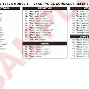 Könnte beinhalten: Eine schwarz-weiße Referenztabelle mit dem Titel 2026 Tesla Model Y - Exact Voice Commands Reference. Sie listet nummerierte Sprachbefehle auf, die in Abschnitte wie Klimasteuerung, Fahrzeugsteuerung, Navigation, Telefon, Medien und Apps unterteilt sind.