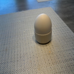 May include: A white egg in a white egg cup. The egg cup has a ribbed design. The egg and cup are on a textured, light gray placemat. The background includes a window and a light-colored rug.