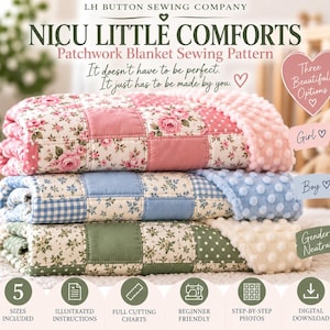 May include: A sewing pattern for a patchwork blanket titled NICU LITTLE COMFORTS by LH BUTTON SEWING COMPANY. The image displays three folded blankets in pink, blue, and green floral and polka dot patterns with textured dimpled backings.