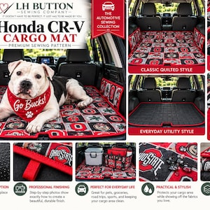 May include: A sewing pattern for a Honda CR-V cargo mat featuring Ohio State University branding. The pattern includes instructions for a quilted style and a utility style, with details on non-slip backing and professional finishing techniques.