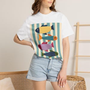 Patchwork Stripes Fish Shirt, Sardines Shirt, Fisherman Aesthetic Shirt, Faux Patchwork Fishing Shirt, Lined Fisher Shirt, Preppy Summer Tee