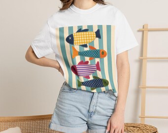 Patchwork Stripes inspired graphic Fish Shirt, Fisherman Aesthetic Shirt, Fishing Shirt, Lined Fisher Shirt, Preppy Summer Tee