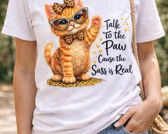 Sassy Orange Cat with Sunglasses Talk to the Paw T-shirt | Cute Cat Tee