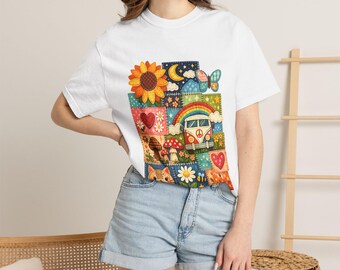 Patchwork-inspired Summer T-Shirt, Retro Boho Sunshine Tee, Vintage Floral Camper Graphic Shirt, Cottagecore Cute Summer Gift