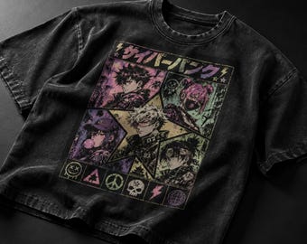 Cyberpunk Anime Streetwear T-Shirt, Oversized Acid Wash Vintage Tee, Aesthetic Japanese Streetwear, Gift for Him, Gift for Anime Lovers