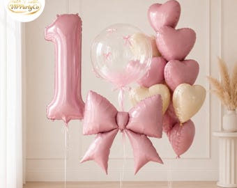 Globo rosa con números, lazo, decoraciones de cumpleaños, globo burbuja, decoración de fiesta de princesa