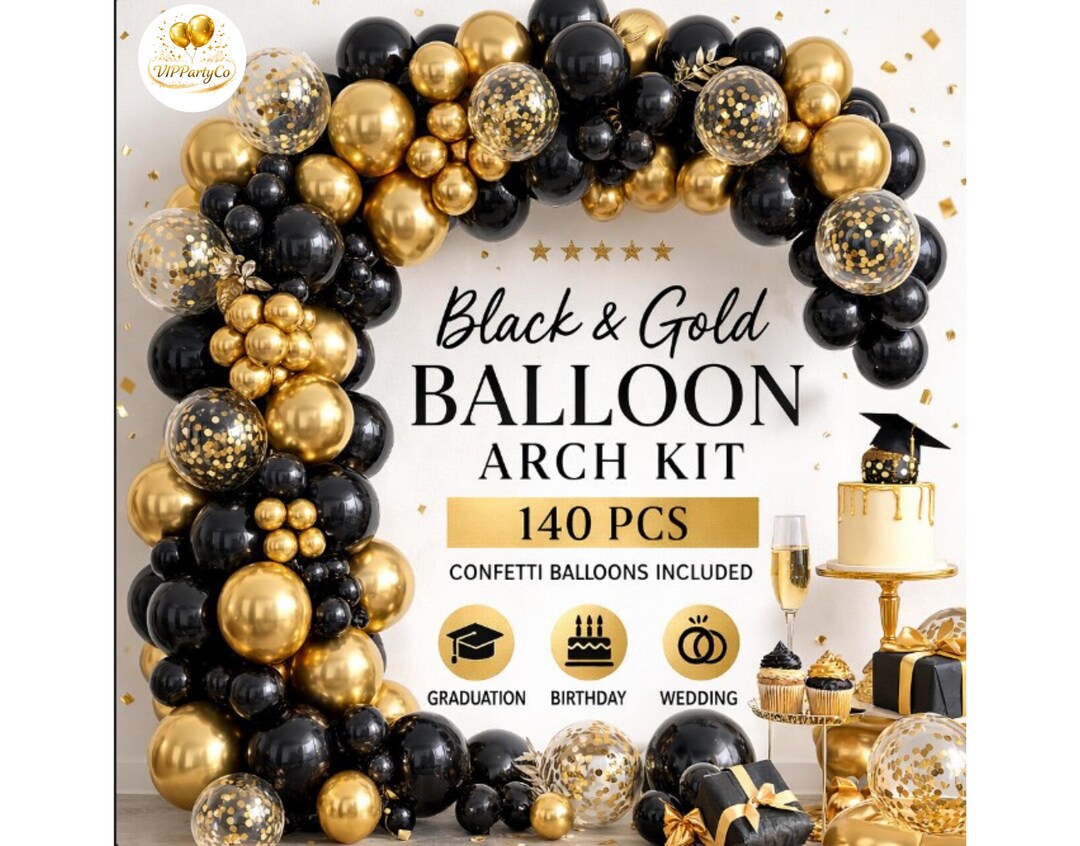 Black Gold Balloon Arch Kit With Confetti Balloons Graduation Party ...