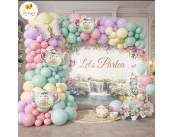 Tea Party Balloon Garland Kit, Pastel Butterfly Teapot Arch for Girls Baby Shower