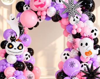 Halloween Ballong Girland Kit, Rosa Lila Spökpumpa Festdekoration för Flickor