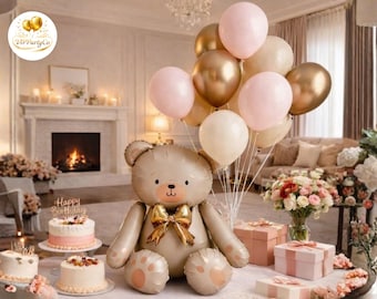 Buquê de balões de ursinho de pelúcia: decoração neutra para festa de aniversário e chá de bebê.