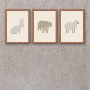 Nursery Animal Wall Art Set of 3, Bear Rabbit Sheep Prints, Neutral Baby Room Decor, Minimalist Animal Poster Download