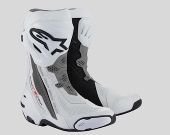 Botas de corrida Alpinestars brancas, botas de couro para motociclistas, equipamento de proteção para pista de motociclismo