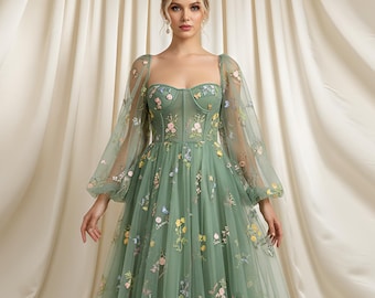 Vestido midi de tul con bordado floral verde, vestido de fiesta de manga larga