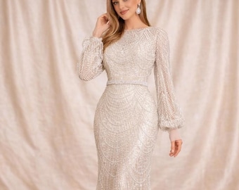 Vestido de noche de lentejuelas, vestido de sirena de manga larga, vestido formal de cuello alto, vestido de invitada de boda con cuentas, elegante vestido de fiesta