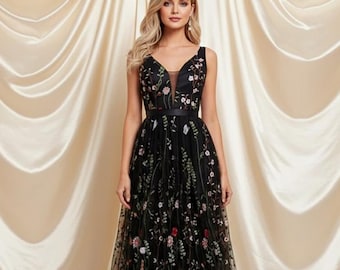 Vestido largo de tul negro con bordado floral, elegante vestido de noche
