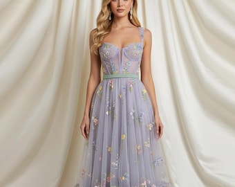 Vestido largo de tul con bordado floral, vestido de noche con corsé sin mangas
