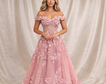 Vestido de fiesta de gala de tul, vestido corsé con hombros descubiertos, vestido de noche con apliques florales, vestido formal de princesa, vestido de dama de honor