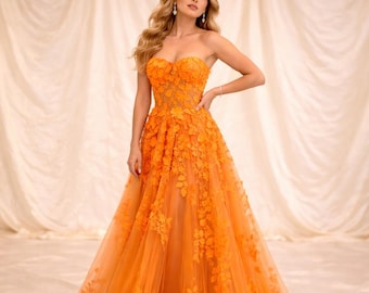 Vestido largo sin tirantes naranja / Vestido formal de tul floral / Vestido elegante para invitada de boda / Vestido de fiesta de noche de algodón