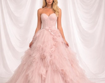 Vestido de gala de tul rosa / Vestido de fiesta sin tirantes / Vestido de noche de princesa / Vestido formal romántico / Vestido elegante para invitada de boda