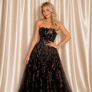 black strapless tulle dress Milla Women's Puffy Midi Steam up to 250F Strapless Black Tulle Dress -