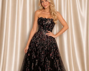Vestido de gala de tul negro con bordados florales, vestido de noche sin tirantes con corsé, vestido de graduación, vestido largo formal, vestido para invitada de boda.