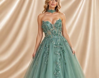 Vestido de gala de tul verde salvia, vestido de fiesta sin tirantes con apliques florales, vestido de noche de lujo con corsé, vestido de princesa para invitada de boda, vestido de fiesta