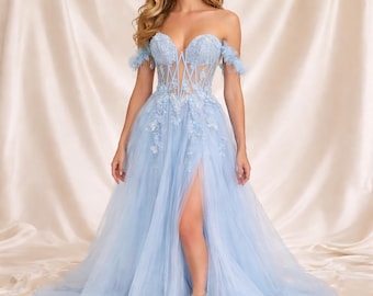 Vestido de fiesta con corsé de tul, vestido de noche sin tirantes con abertura, vestido formal con apliques florales, vestido de gala con hombros descubiertos, vestido de dama de honor