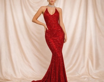 Vestido de noche con lentejuelas rojas / Vestido de fiesta de sirena / Vestido formal con cuello halter / Vestido de fiesta largo elegante / Vestido de noche para invitada de boda