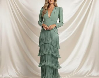 Vestido midi con flecos, manga larga, cuello en V, poliéster, vestido de cóctel