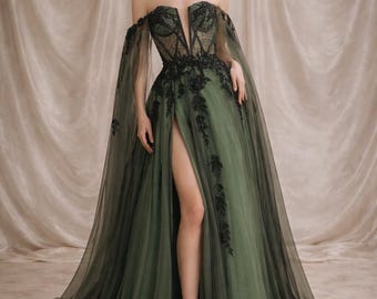 Vestido de fiesta de tul verde oscuro, vestido de corsé sin tirantes, vestido de noche con abertura alta, vestido formal con hombros descubiertos, vestido de gala para fiestas