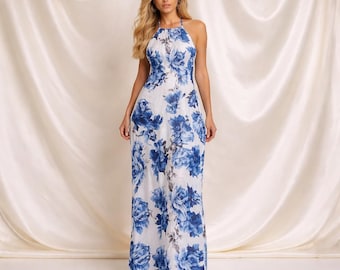 Vestido largo azul floral para mujer, cuello halter, estilo bohemio, para invitada de boda, playa, vacaciones, jardín, fiesta, verano