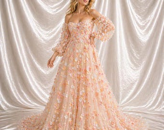 Vestido de novia de tul floral, vestido de novia con hombros descubiertos, vestido con apliques de flores en 3D, vestido de novia bohemio, vestido de fiesta de corte A, vestido de novia para bodas en el jardín