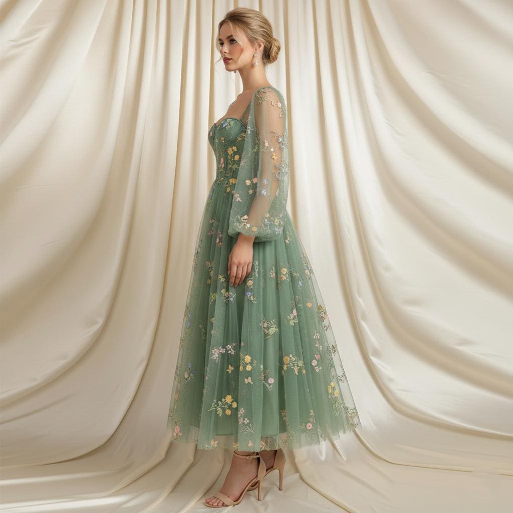 homecoming green dress Light Green Tulle A-line Midi Appliques Homecoming Dress
